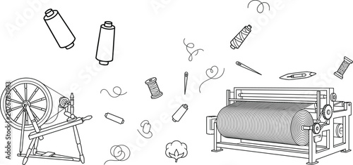 Bild auf Leinwand Collection of Textile and Yarn Tools with Spinning Wheel, Loom, Bobbins, Thread,