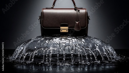 Luxury handbag with sparkling sequins and water splash effect in dark dramatic lighting