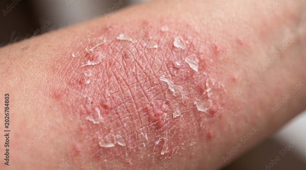 Fototapeta premium Eczema rash on adult arm with red itchy skin allergy, atopic dermatitis and flaking skin close up texture for dermatological medical background.
