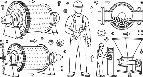 Quadro su tela Industrial Ball Mill and Grinding Machinery Vector Set Featuring Factory Workers