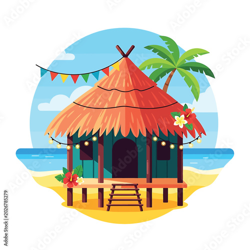 Tableau sur toile Beach hut with thatched roof.