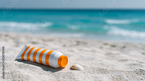Sunscreen tube on sandy beach near ocean. Skin protection product for summer vacation and holiday. Cosmetics for UV safety and sunblock skincare during travel to tropical sea coast.