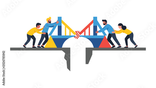 Obraz na plátně Bridging the Divide: Diverse individuals collaborate to construct a bridge across a chasm, symbolizing unity and overcoming challenges