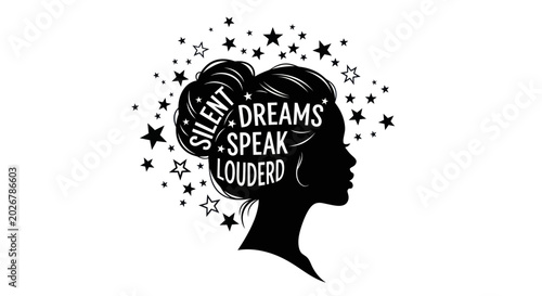Tableau sur toile Silhouette of Woman's Head with Stars and Inspirational Quote Silent Dreams Spe