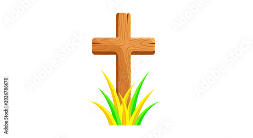 Foto Wooden Christian Cross in Green Grass with White Background