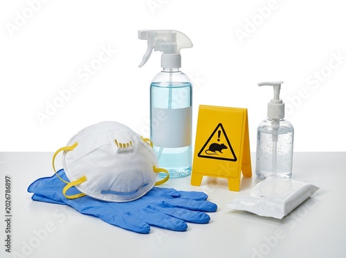 Coronavirus protection equipment including face mask gloves and disinfectant spray bottles