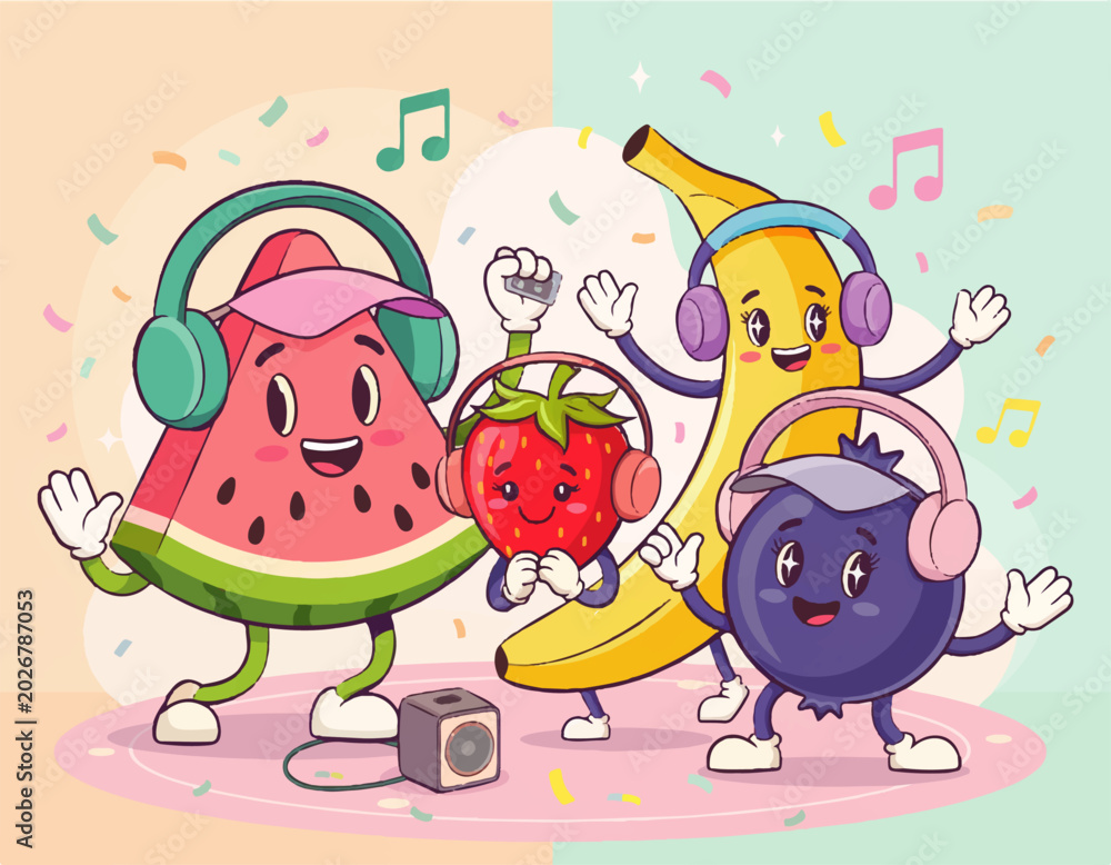 Naklejka premium A vibrant and joyful celebration featuring adorable cartoon fruits dancing energetically with headphones and confetti, embodying a lively music party atmosphere