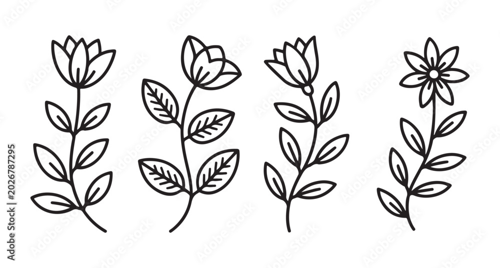Obraz premium Set of four hand drawn botanical flowers with leaves in simple black line art style for creative design projects and decorative stationery illustrations isolated on a clean layout
