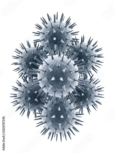 Gray virus particles with sharp spikes on surface  microscopic view
