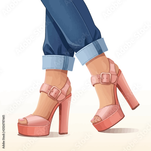 Fotografija Woman's legs wearing pink high heels and cuffed blue jeans on a light floor
