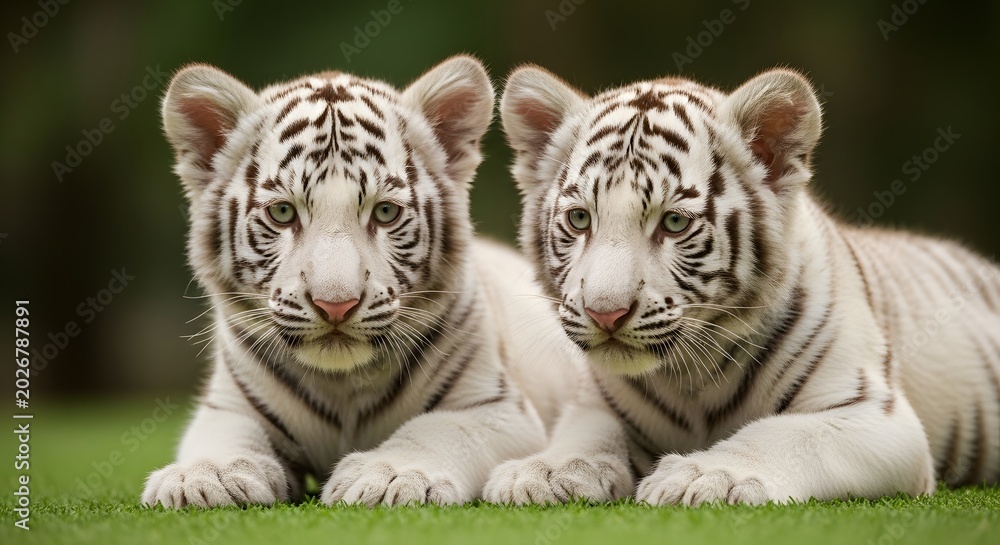 Fototapeta premium Two white tiger cubs resting on green grass outdoors facing forward