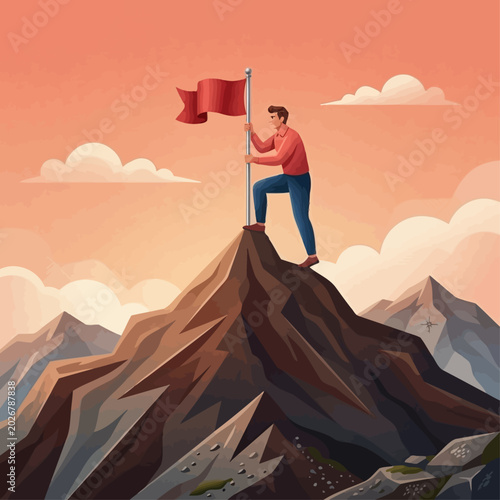 Photography Man standing on mountain peak holding flag triumphantly outdoors