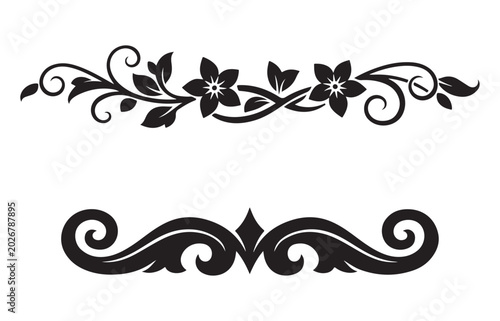 Black floral border and vintage swirl ornament set for decorative design elements