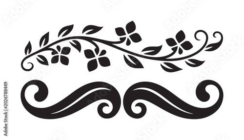 Elegant black floral vine and decorative swirl border dividers for wedding invitations and stationery design