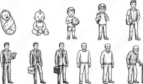 Human life cycle and aging progression character set, vintage hand-drawn vector engraving of a man growing from baby to old age.