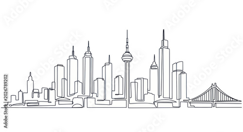 Foto Minimalist continuous line drawing of a modern city skyline with skyscrapers and
