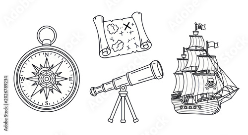 Bild auf Leinwand Pirate Treasure Map, Compass, Telescope, and Ship Vector Icons