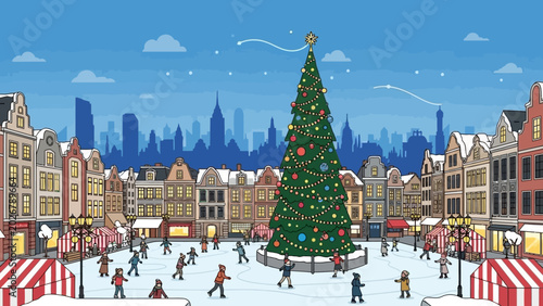 Bild auf Leinwand Festive Christmas Tree in Town Square with Ice Skaters.