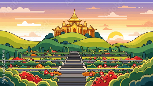Принти на полотні Majestic Golden Temple on a Hilltop with Lush Gardens.