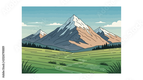 Fotografia Majestic Mountain Landscape with Green Field Illustration.