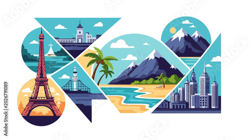 Photos Geometric Collage of International Travel and Tourism Icons.