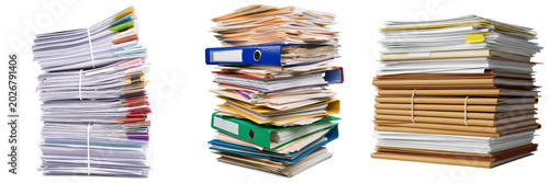 Tableau sur toile Three stacks of paper documents and folders isolated on a white background