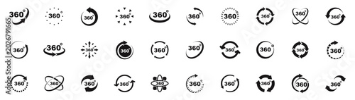 360 degrees view icon set. Rotation icons. Web icons virtual reality, panoramic view, arrows etc. Vector illustration.