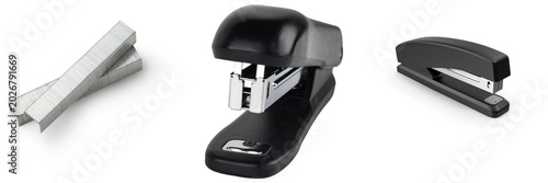 Fotografía Two black staplers and a stack of staples isolated on a white background