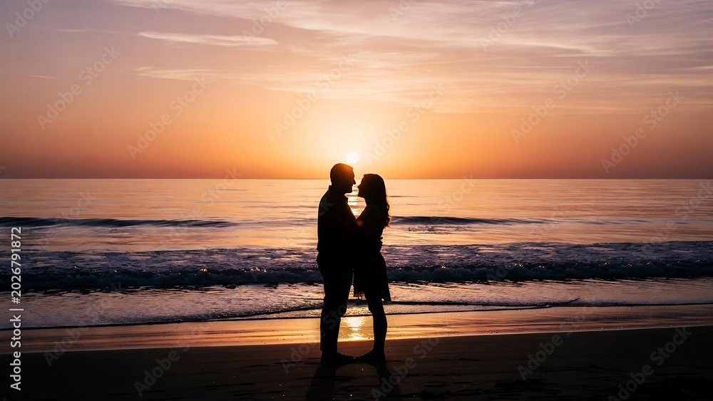 Fototapeta premium Loving Couple Silhouette Beach Sunset.