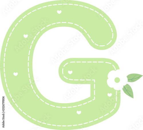 A large green letter G with hearts and a flower decoration