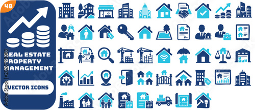 Real estate and property management icon set featuring apartment, villa, commercial building, mortgage, home loan, tenant, landlord, land plot, for sale, and rental symbols.