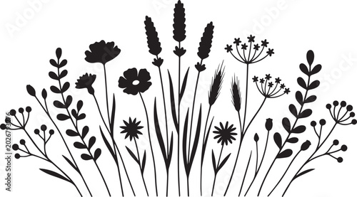 Monochromatic Silhouette of Assorted Wildflowers and Grasses