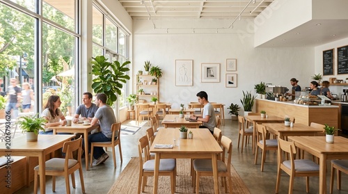 Bright modern café with floor‑to‑ceiling windows, wooden tables, plants, minimalist decor, and people enjoying conversation or work in a calm inviting atmosphere.