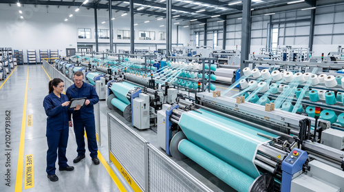Two workers stand in a textile manufacturing facility. They look at a tablet and discuss production. The factory has many machines and spools of material around them. It is daytime and bright inside.