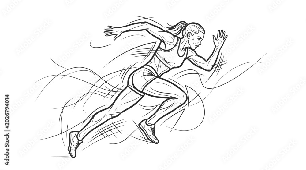 Obraz premium Woman sprinter running fast, dynamic action sketch, athletic competition, motion lines