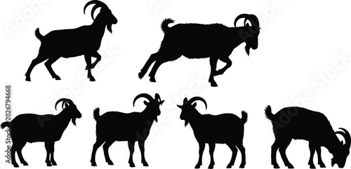 Goral wild goat animal black silhouette vector set featuring various horned mammal shapes isolated on transparent background