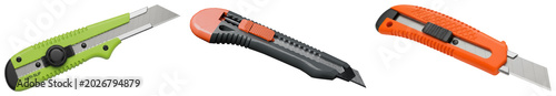 Konstfotografi Three utility knives with retractable blades, isolated on transparent background