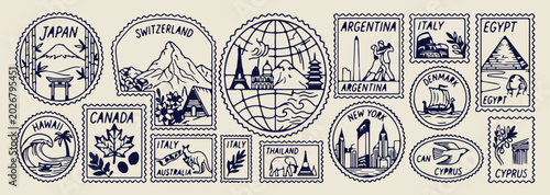 Obraz na plátně travel stamp pattern, global world landmark, iconic tourism symbols, internation