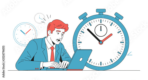 Stressed businessman working late at computer, deadline pressure with clocks