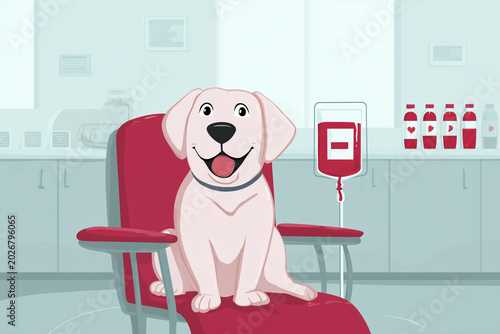 Cartoon Smiling White Labrador Puppy Sitting in Red Donor Chair with Blood Bag in Veterinary Clinic
