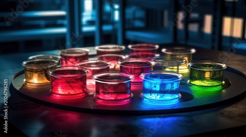 Explore the future of biotechnology through vibrant bioluminescent samples in a state-of-the-art laboratory.