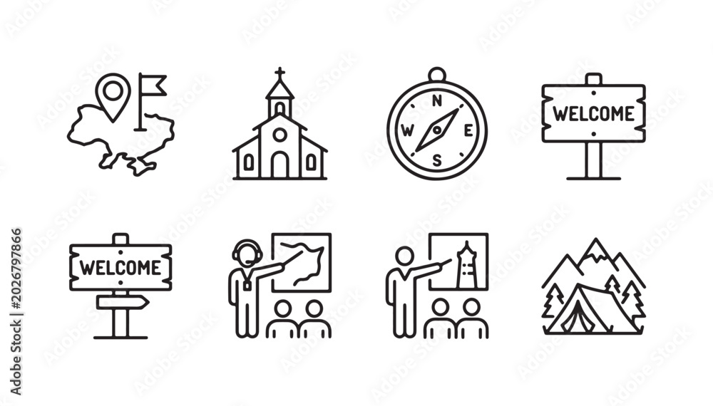 Fototapeta premium Line Art Icons for Travel Education: Ukraine Map, Church, Compass, Welcome, Guided Tours, Map and Monument Explanations, and Camping
