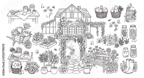 Obraz na płótnie Vintage garden line art collection, rustic cottage landscape with gardening tool