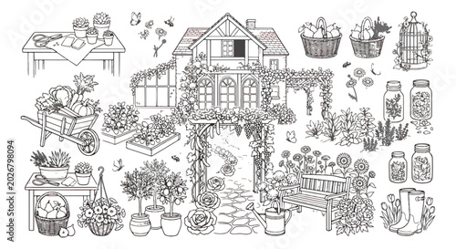 Fotografie Vintage garden line art collection, rustic cottage landscape with greenhouse and