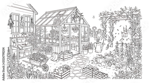 Foto Hand drawn garden greenhouse line art, vintage backyard potting shed illustratio