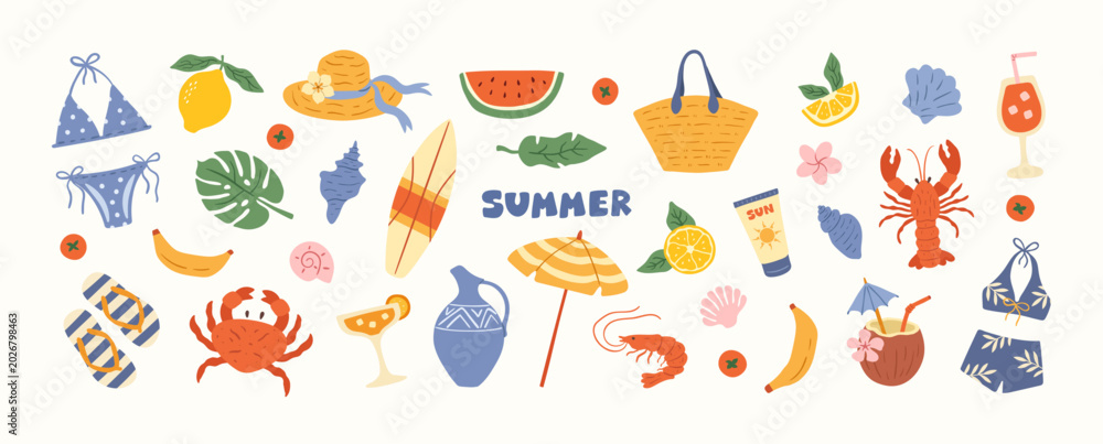 Fototapeta premium Summer vacation tropical beach set of elements