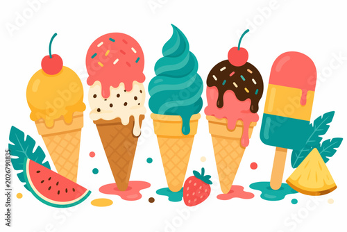 Summer Delights: A vibrant assortment of ice cream cones and a popsicle, adorned with colorful toppings and sprinkles, evoke the sweet indulgence of summer treats.