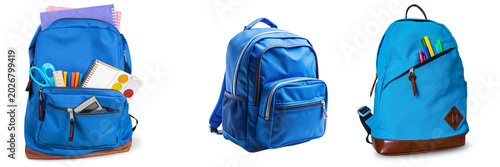 Fotografie Three blue backpacks filled with school supplies, isolated on transparent backgr
