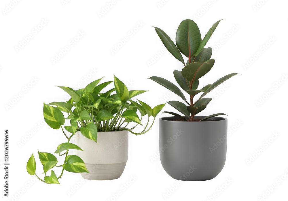 Fototapeta premium Two green indoor house plants in modern ceramic pots