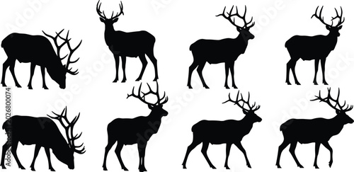 Photos Wild elk animal silhouette vector set featuring various horned buck shapes isola
